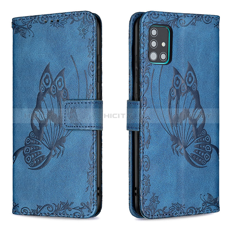 Handytasche Stand Schutzhülle Flip Leder Hülle Schmetterling B02F für Samsung Galaxy A51 4G Blau