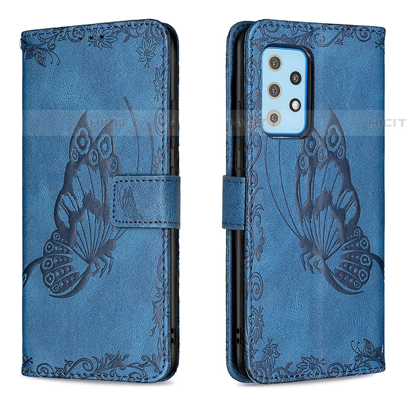 Handytasche Stand Schutzhülle Flip Leder Hülle Schmetterling B02F für Samsung Galaxy A52 5G Blau