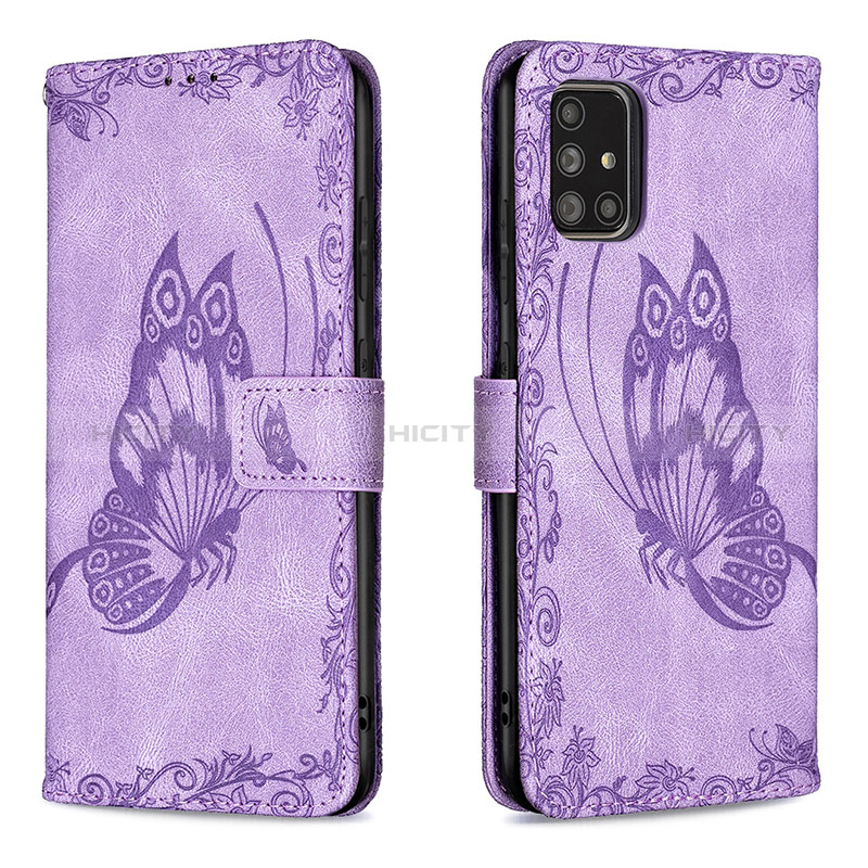 Handytasche Stand Schutzhülle Flip Leder Hülle Schmetterling B02F für Samsung Galaxy A71 4G A715 Helles Lila