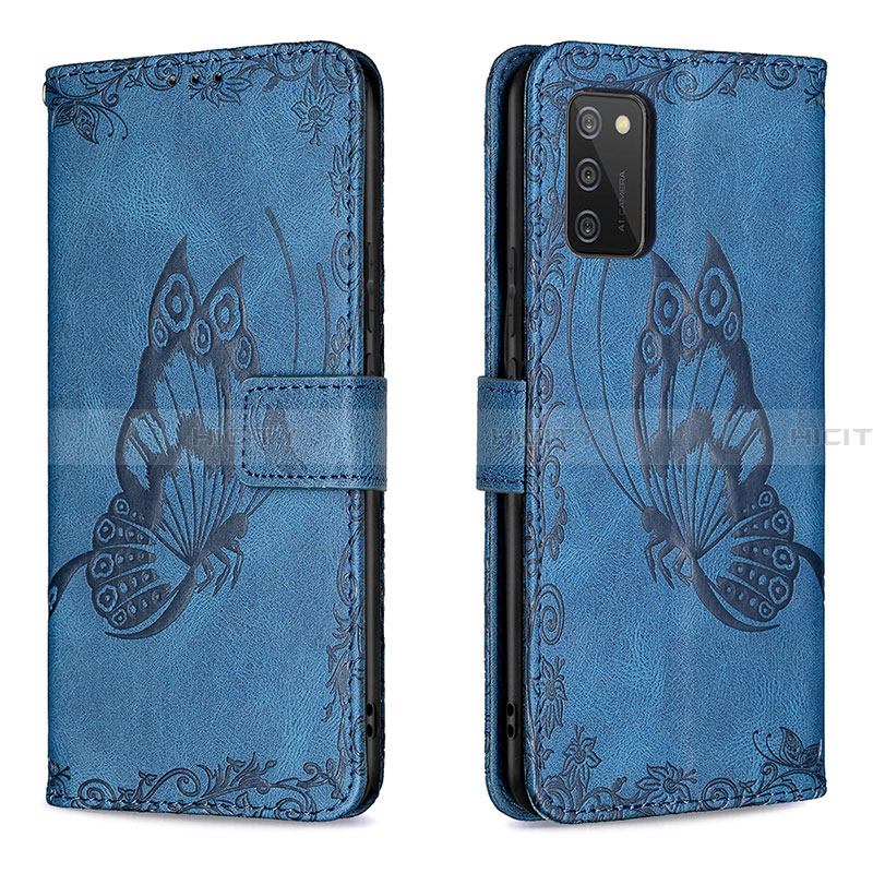 Handytasche Stand Schutzhülle Flip Leder Hülle Schmetterling B02F für Samsung Galaxy F02S SM-E025F Blau Plus