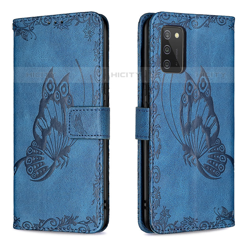 Handytasche Stand Schutzhülle Flip Leder Hülle Schmetterling B02F für Samsung Galaxy M02s Blau Plus