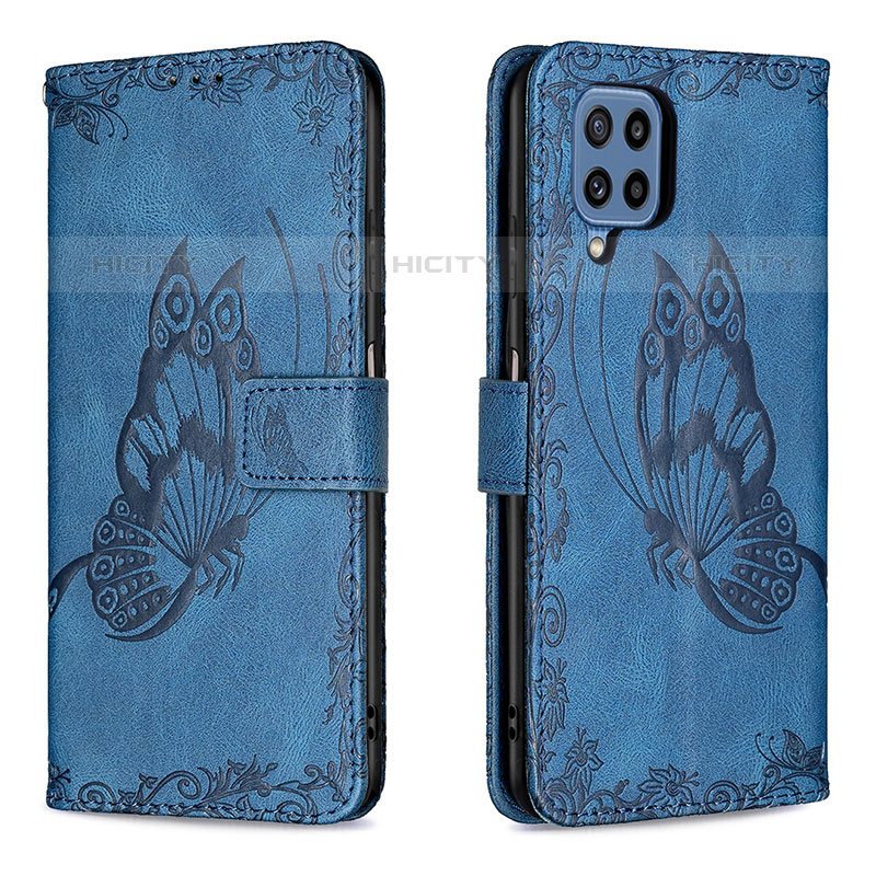 Handytasche Stand Schutzhülle Flip Leder Hülle Schmetterling B02F für Samsung Galaxy M32 4G Blau