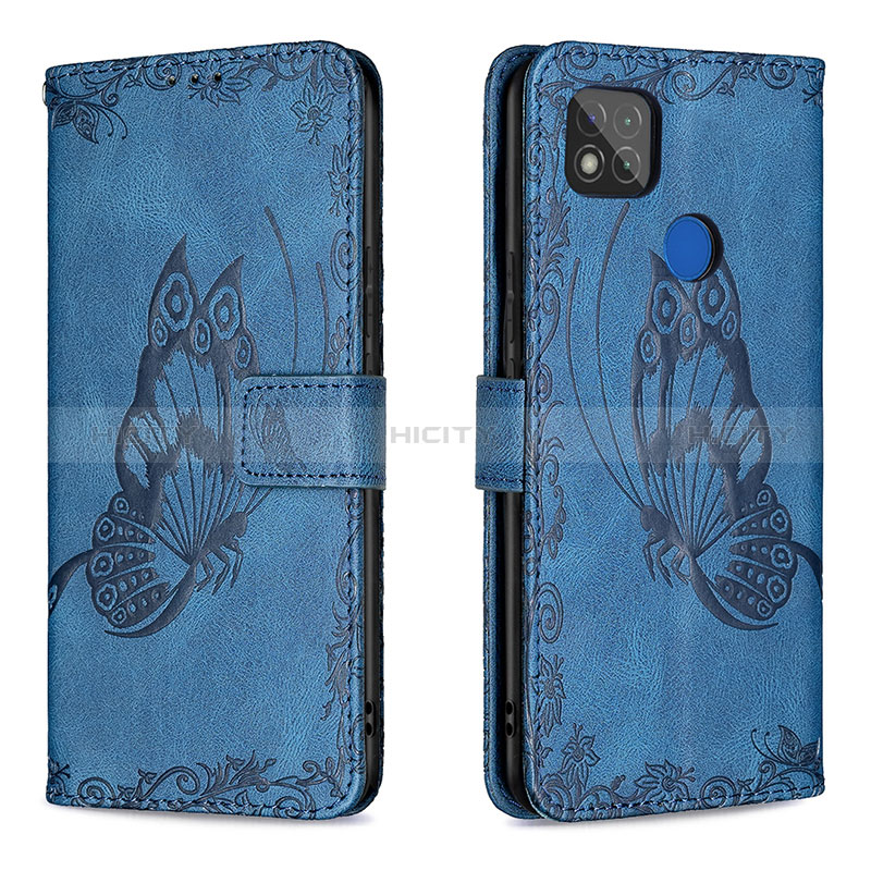 Handytasche Stand Schutzhülle Flip Leder Hülle Schmetterling B02F für Xiaomi Redmi 9 India Blau