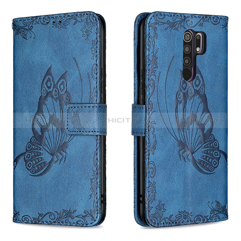 Handytasche Stand Schutzhülle Flip Leder Hülle Schmetterling B02F für Xiaomi Redmi 9 Prime India Blau