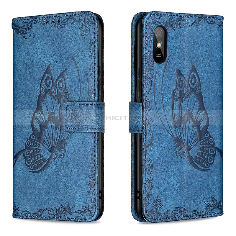 Handytasche Stand Schutzhülle Flip Leder Hülle Schmetterling B02F für Xiaomi Redmi 9A Blau