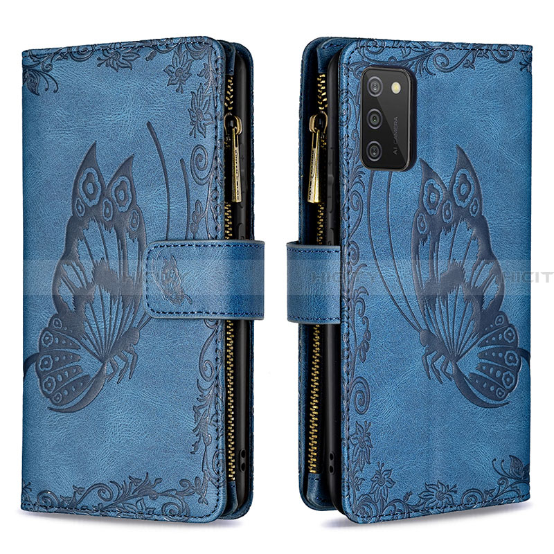 Handytasche Stand Schutzhülle Flip Leder Hülle Schmetterling B03F für Samsung Galaxy F02S SM-E025F Blau