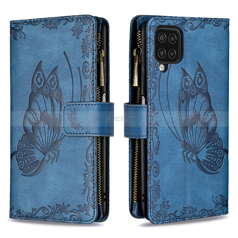 Handytasche Stand Schutzhülle Flip Leder Hülle Schmetterling B03F für Samsung Galaxy F12 Blau