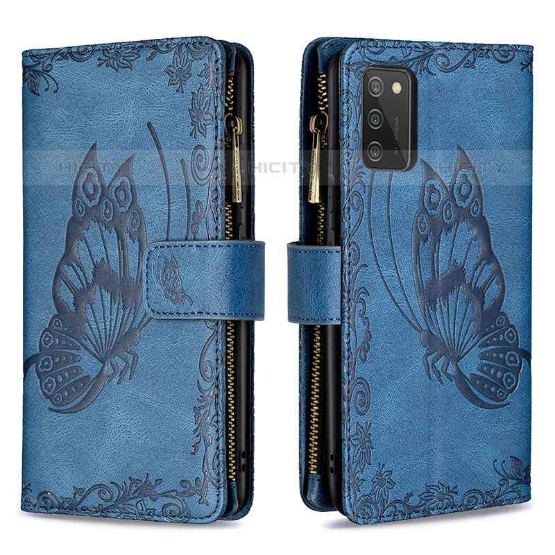 Handytasche Stand Schutzhülle Flip Leder Hülle Schmetterling B03F für Samsung Galaxy M02s Blau