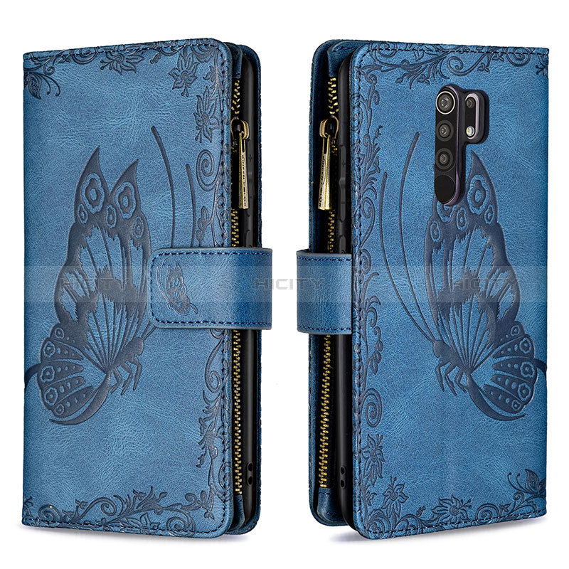 Handytasche Stand Schutzhülle Flip Leder Hülle Schmetterling B03F für Xiaomi Redmi 9 Prime India Blau