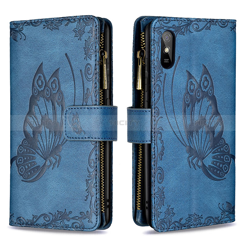 Handytasche Stand Schutzhülle Flip Leder Hülle Schmetterling B03F für Xiaomi Redmi 9i Blau Plus