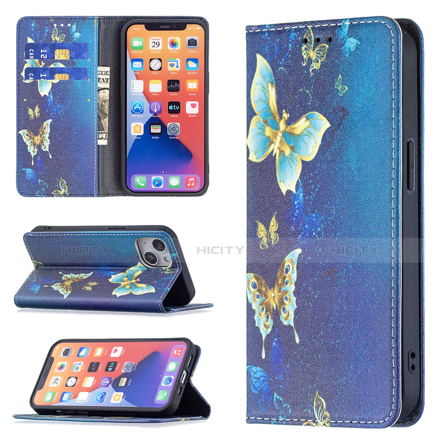 Handytasche Stand Schutzhülle Flip Leder Hülle Schmetterling für Apple iPhone 13 Blau