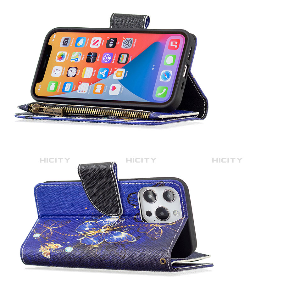 Handytasche Stand Schutzhülle Flip Leder Hülle Schmetterling für Apple iPhone 13 Pro Königs Blau