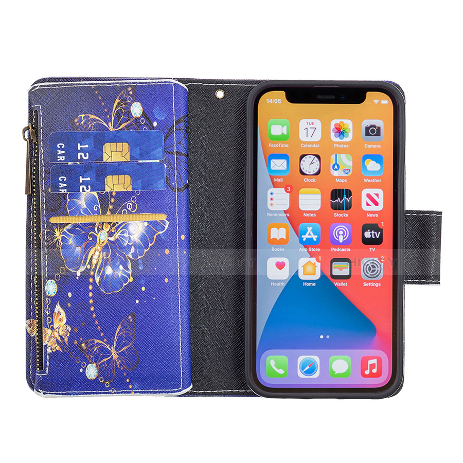 Handytasche Stand Schutzhülle Flip Leder Hülle Schmetterling für Apple iPhone 13 Pro Königs Blau