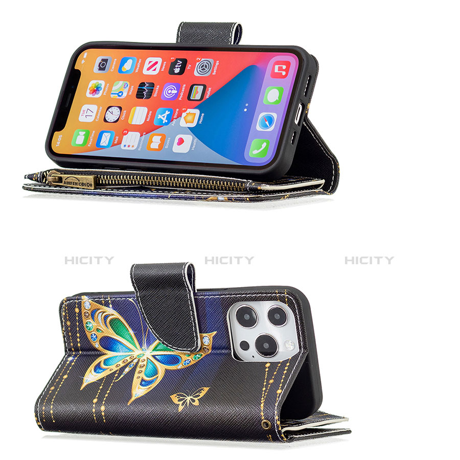 Handytasche Stand Schutzhülle Flip Leder Hülle Schmetterling für Apple iPhone 13 Pro Plusfarbig