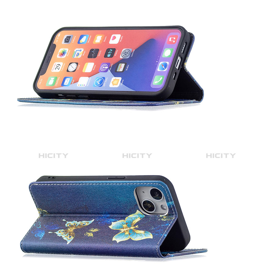 Handytasche Stand Schutzhülle Flip Leder Hülle Schmetterling für Apple iPhone 14 Plus Blau groß