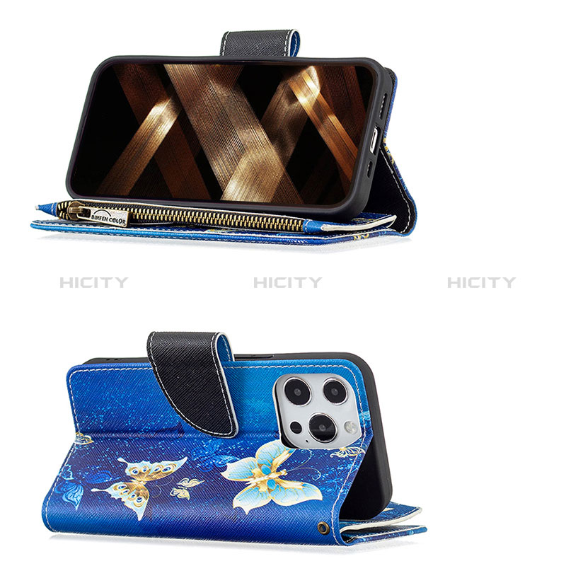 Handytasche Stand Schutzhülle Flip Leder Hülle Schmetterling für Apple iPhone 14 Pro Blau groß