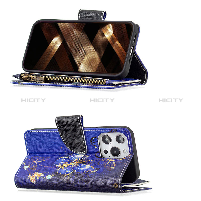 Handytasche Stand Schutzhülle Flip Leder Hülle Schmetterling für Apple iPhone 14 Pro Königs Blau