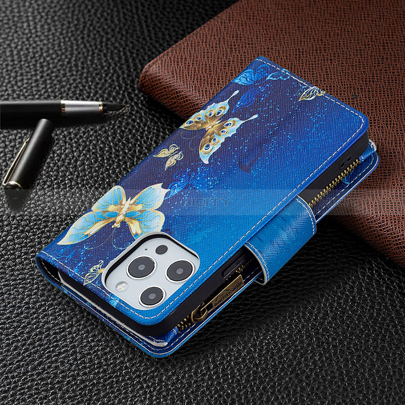 Handytasche Stand Schutzhülle Flip Leder Hülle Schmetterling für Apple iPhone 14 Pro Max Blau