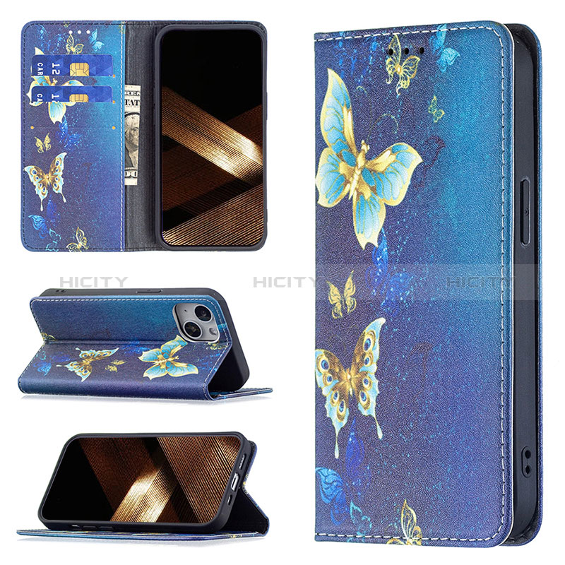 Handytasche Stand Schutzhülle Flip Leder Hülle Schmetterling für Apple iPhone 15 Blau