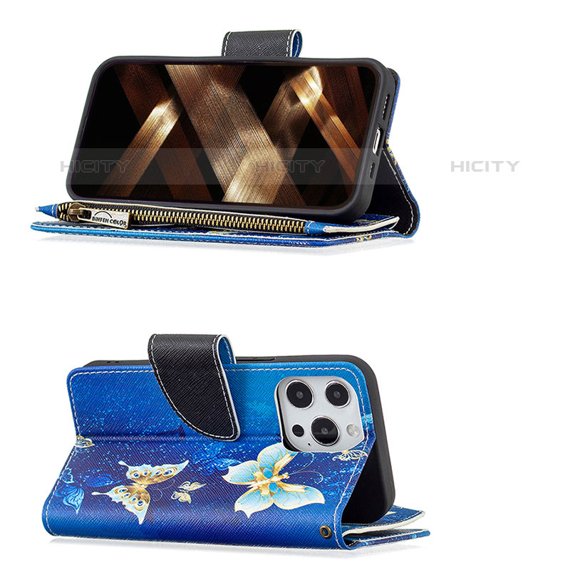 Handytasche Stand Schutzhülle Flip Leder Hülle Schmetterling für Apple iPhone 15 Pro Blau