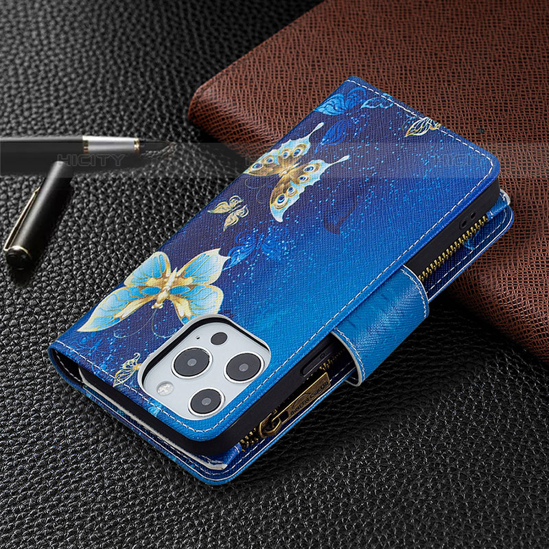 Handytasche Stand Schutzhülle Flip Leder Hülle Schmetterling für Apple iPhone 15 Pro Blau