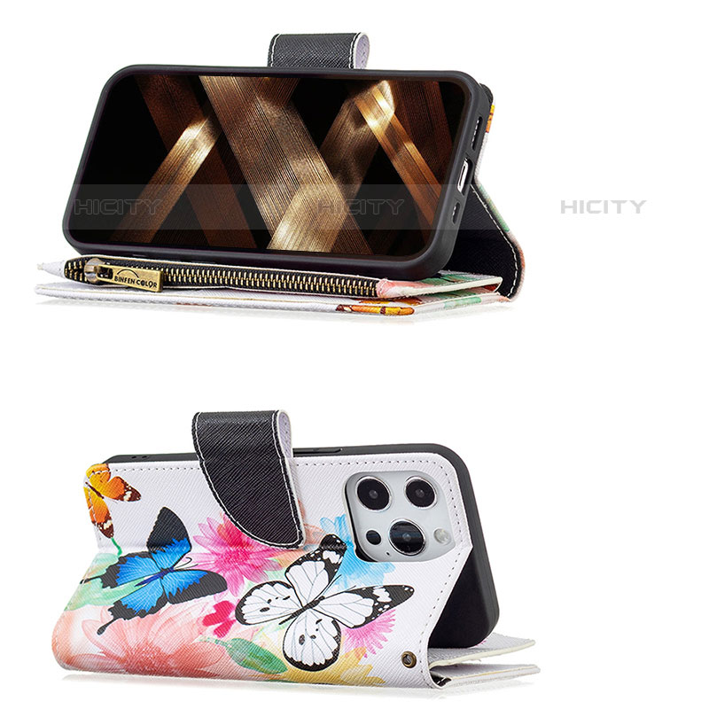 Handytasche Stand Schutzhülle Flip Leder Hülle Schmetterling für Apple iPhone 15 Pro Max Rosa groß