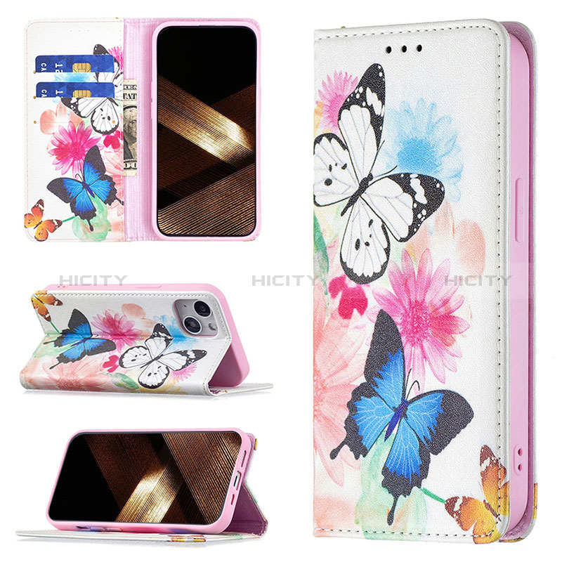 Handytasche Stand Schutzhülle Flip Leder Hülle Schmetterling für Apple iPhone 15 Rosa groß