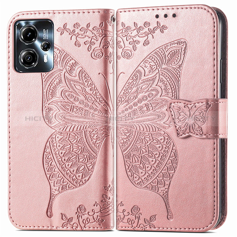 Handytasche Stand Schutzhülle Flip Leder Hülle Schmetterling für Motorola Moto G23 Rosegold