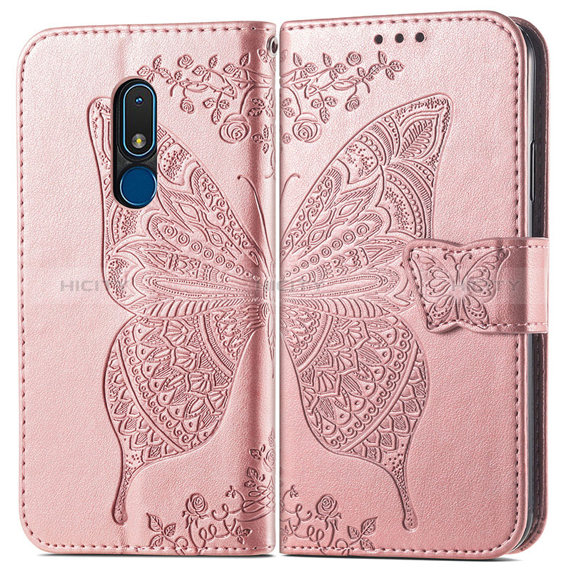 Handytasche Stand Schutzhülle Flip Leder Hülle Schmetterling für Nokia C3 Rosegold