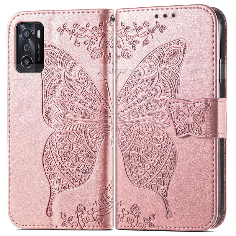 Handytasche Stand Schutzhülle Flip Leder Hülle Schmetterling für Oppo A55S 5G Rosa