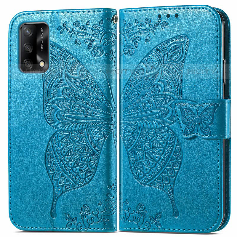 Handytasche Stand Schutzhülle Flip Leder Hülle Schmetterling für Oppo A74 4G Blau