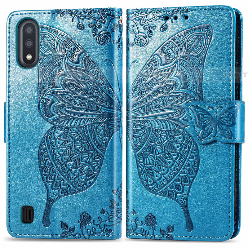 Handytasche Stand Schutzhülle Flip Leder Hülle Schmetterling für Samsung Galaxy A01 SM-A015 Blau Plus