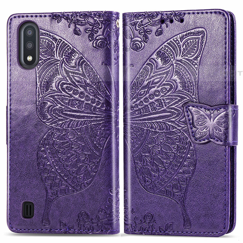 Handytasche Stand Schutzhülle Flip Leder Hülle Schmetterling für Samsung Galaxy A01 SM-A015 Violett