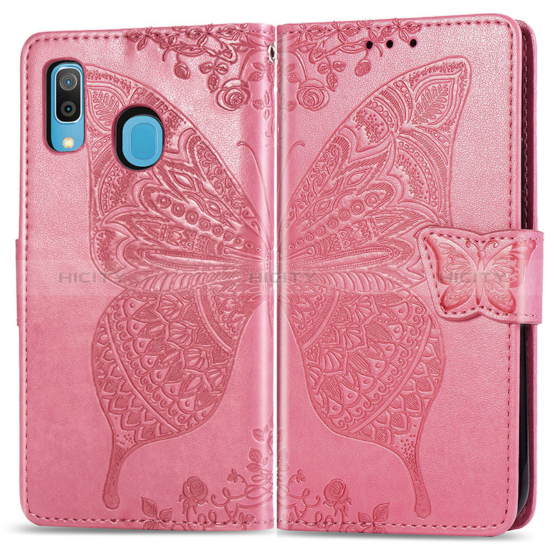 Handytasche Stand Schutzhülle Flip Leder Hülle Schmetterling für Samsung Galaxy A20 Pink