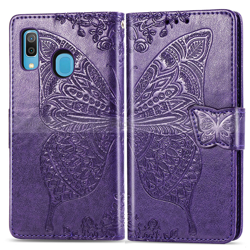 Handytasche Stand Schutzhülle Flip Leder Hülle Schmetterling für Samsung Galaxy A20 Violett Plus