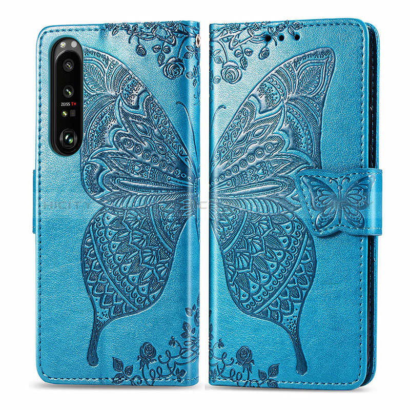 Handytasche Stand Schutzhülle Flip Leder Hülle Schmetterling für Sony Xperia 1 III Blau