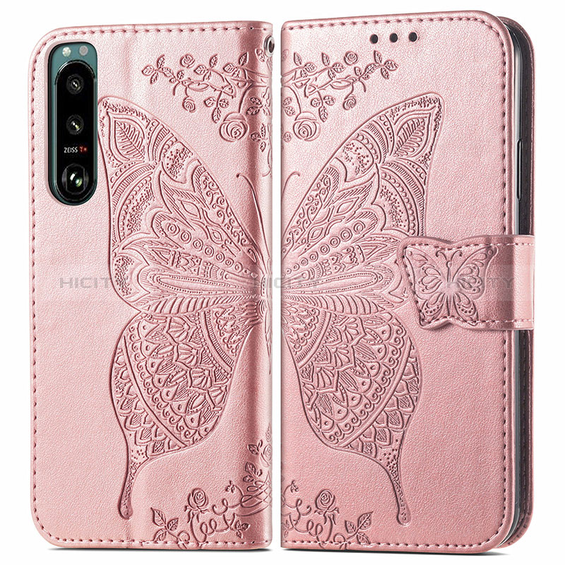 Handytasche Stand Schutzhülle Flip Leder Hülle Schmetterling für Sony Xperia 5 III SO-53B Rosa Plus