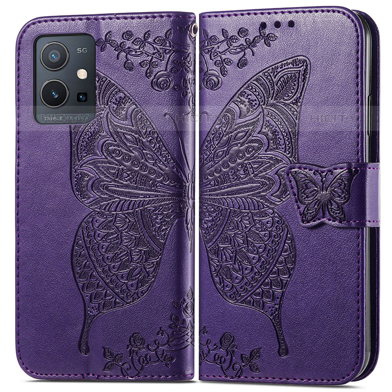 Handytasche Stand Schutzhülle Flip Leder Hülle Schmetterling für Vivo T1 5G India Violett
