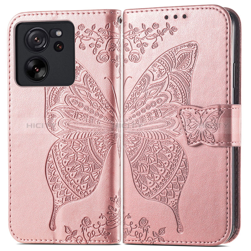 Handytasche Stand Schutzhülle Flip Leder Hülle Schmetterling für Xiaomi Mi 13T 5G Rosegold Plus