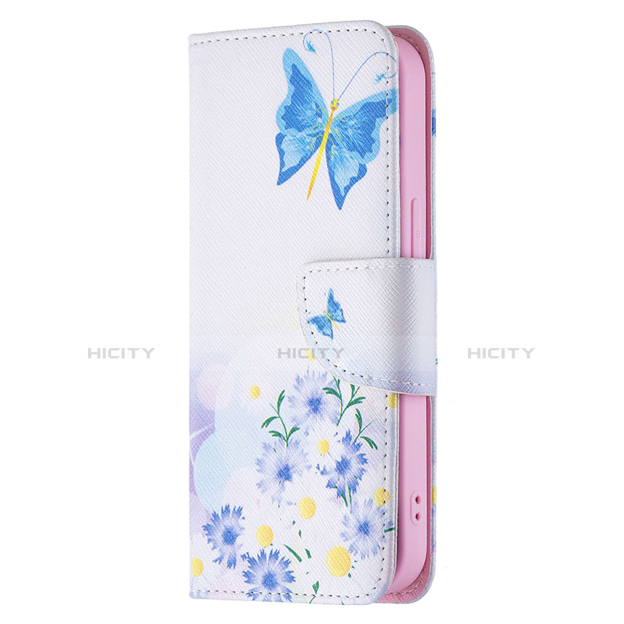 Handytasche Stand Schutzhülle Flip Leder Hülle Schmetterling L01 für Apple iPhone 13 Blau groß