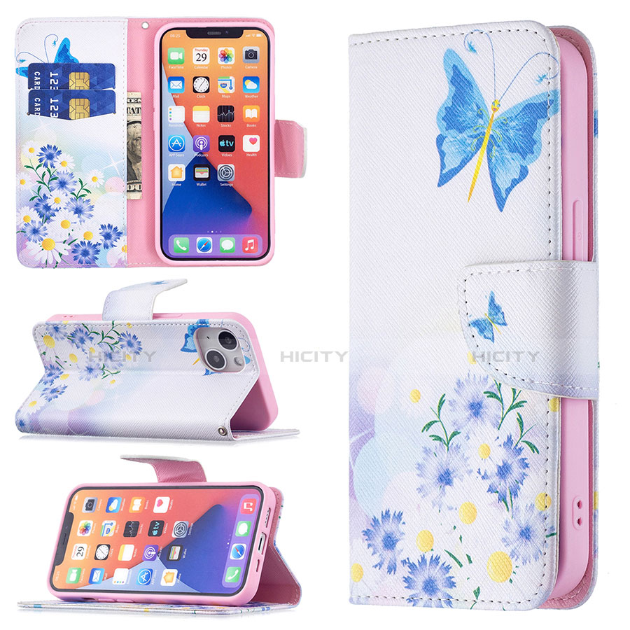 Handytasche Stand Schutzhülle Flip Leder Hülle Schmetterling L01 für Apple iPhone 13 Mini Blau