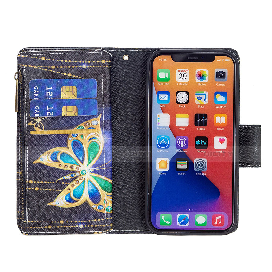 Handytasche Stand Schutzhülle Flip Leder Hülle Schmetterling L01 für Apple iPhone 13 Mini Schwarz