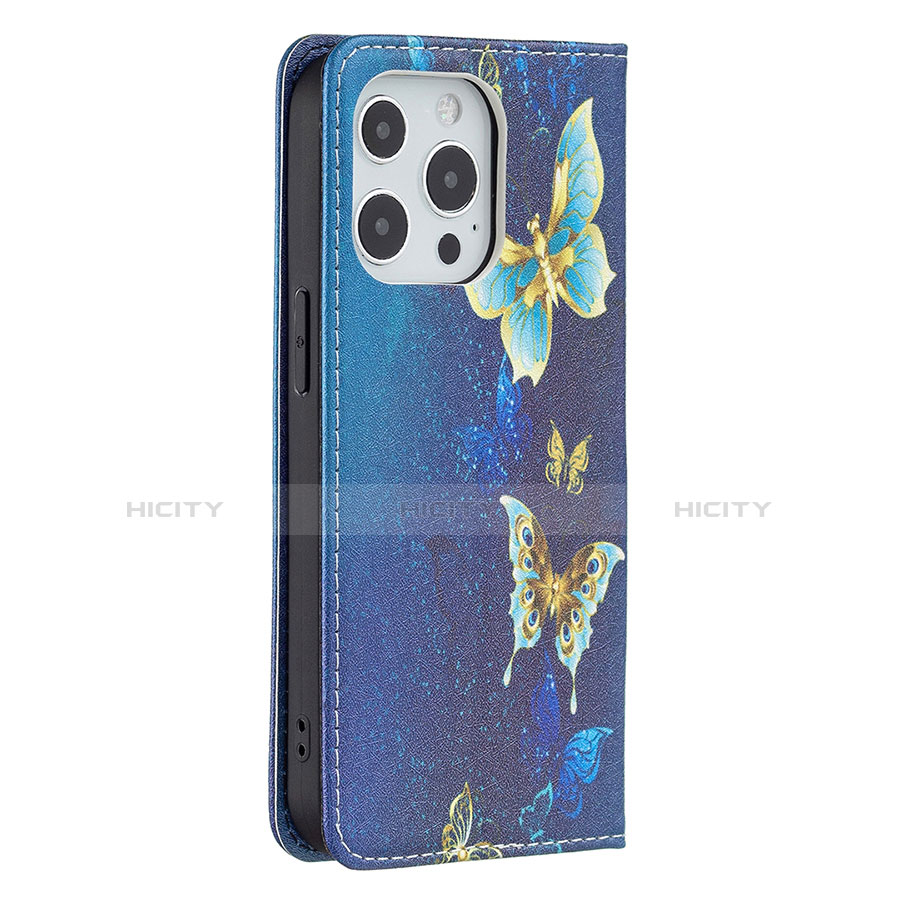 Handytasche Stand Schutzhülle Flip Leder Hülle Schmetterling L01 für Apple iPhone 13 Pro Max Blau