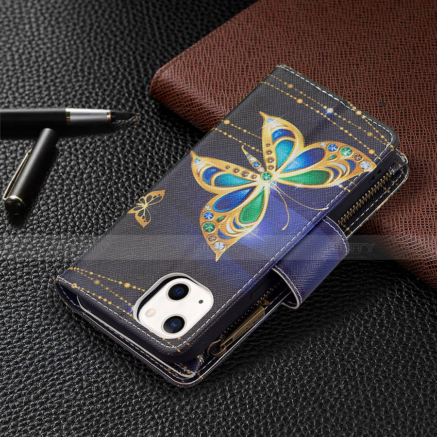 Handytasche Stand Schutzhülle Flip Leder Hülle Schmetterling L01 für Apple iPhone 13 Schwarz groß