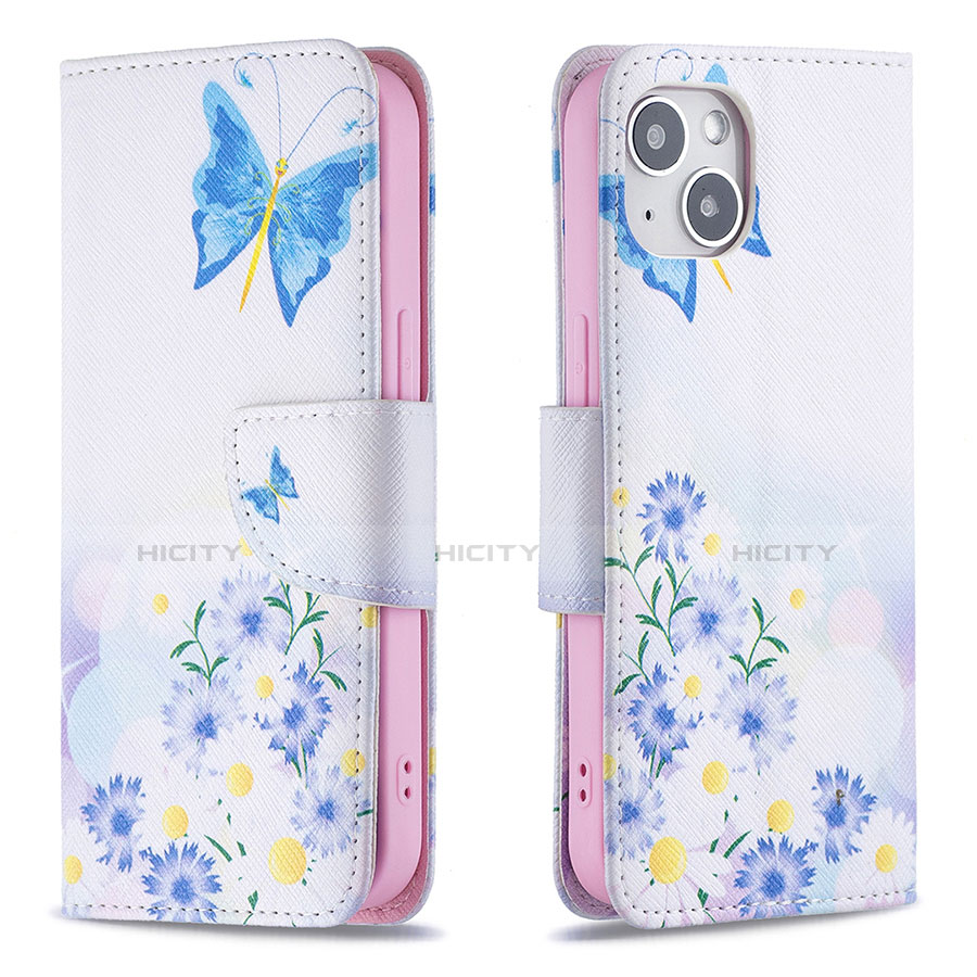 Handytasche Stand Schutzhülle Flip Leder Hülle Schmetterling L01 für Apple iPhone 14 Plus Blau Plus