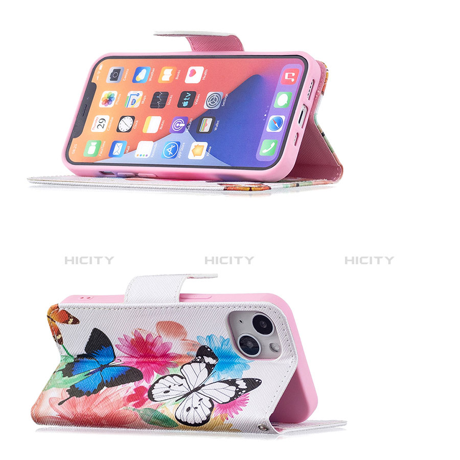 Handytasche Stand Schutzhülle Flip Leder Hülle Schmetterling L01 für Apple iPhone 14 Plus Rosa