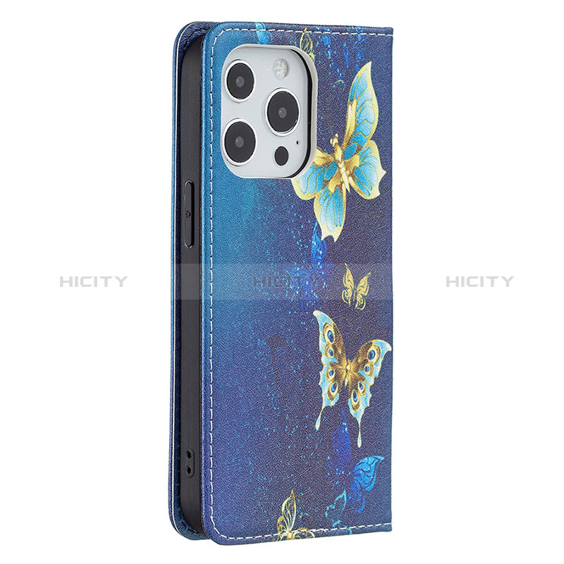 Handytasche Stand Schutzhülle Flip Leder Hülle Schmetterling L01 für Apple iPhone 14 Pro Blau