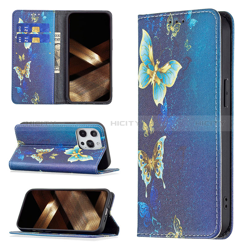 Handytasche Stand Schutzhülle Flip Leder Hülle Schmetterling L01 für Apple iPhone 14 Pro Blau