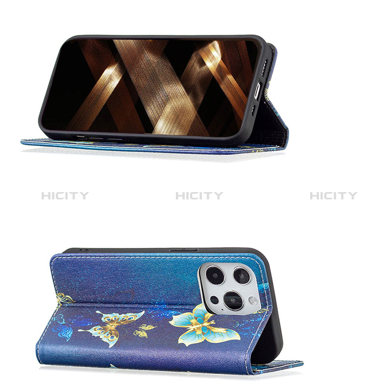 Handytasche Stand Schutzhülle Flip Leder Hülle Schmetterling L01 für Apple iPhone 14 Pro Blau