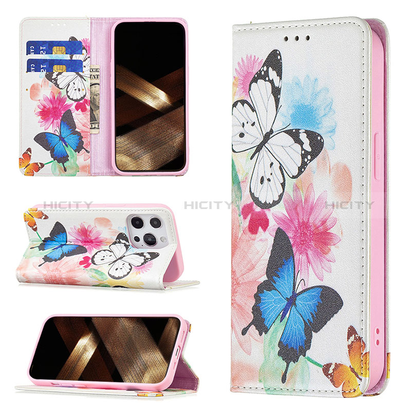 Handytasche Stand Schutzhülle Flip Leder Hülle Schmetterling L01 für Apple iPhone 14 Pro Rosa groß